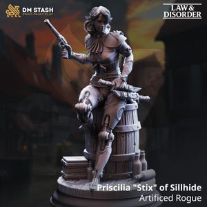 May include: A detailed figurine of Priscilia "Stix" of Sillhide, an Artificed Rogue, holding a pistol and two daggers. She is seated on a wooden barrel, with bottles and a crate nearby. The figurine is grey and has intricate details.