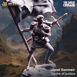 May include: A detailed figurine of a knight holding a flag and a sword, with the text "The Great Crusade" and "Lionel Donmeir Squire of Justice". The knight is wearing armour and standing on a rocky base.