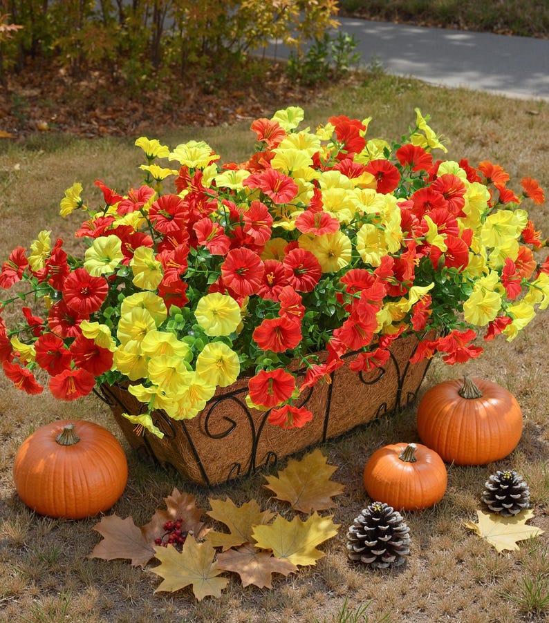 UV Resistant Silk Morning Glory: Fall Outdoor Artificial Flowers - 12 Bundles OrangeYellow