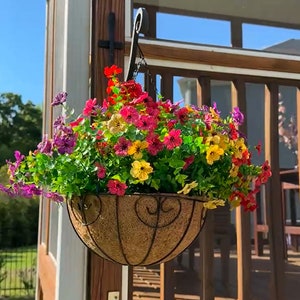 Artificial Fake Hanging Flower Plant Basket for Spring Summer Outdoor Outside Porch Decoration Faux Silk Mixed Daisy Look Real UV Resistant Multicolor