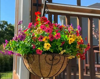 Artificial Fake Hanging Flower Plant Basket for Spring Summer Outdoor Outside Porch Decoration Faux Silk Mixed Daisy Look Real UV Resistant