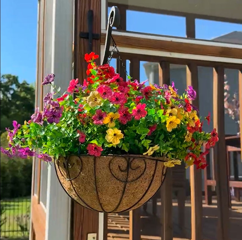 Artificial Fake Hanging Flower Plant Basket for Spring Summer Outdoor Outside Porch Decoration Faux Silk Mixed Daisy Look Real UV Resistant Multicolor