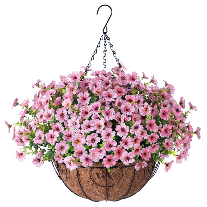 Artificial Fake Hanging Flower Plant Basket for Spring Summer Outdoor Outside Porch Decoration Faux Silk Mixed Daisy Look Real UV Resistant Pink