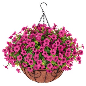 Artificial Fake Hanging Flower Plant Basket for Spring Summer Outdoor Outside Porch Decoration Faux Silk Mixed Daisy Look Real UV Resistant Hotpink