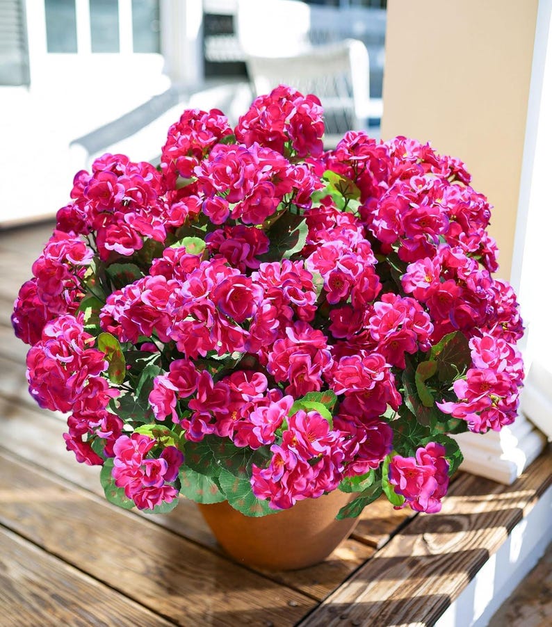 Artificial Geranium Flowers (6 Bundles): UV Resistant Faux Silk Outdoor Decor Fuchsia