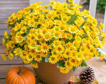 Artificial Mums Fall Flowers 6 Bundles: UV Resistant Outdoor Fall Decor