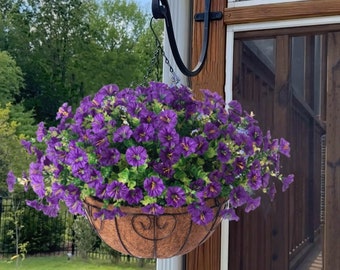 Artificial Faux Hanging Flower Plant Basket for Spring Summer Outdoor Outside Porch Decor Fake Silk Morning Glory Look Real UV Resistant