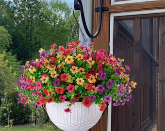 Artificial Faux Hanging Flower Plant Basket for Spring Summer Outdoor Outside Porch Patio Decoration Fake Silk Daisy Realistic UV Resistant