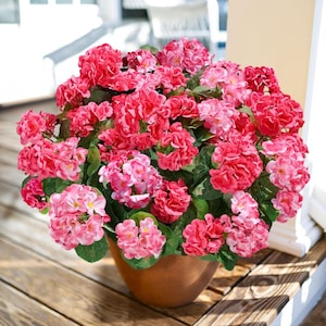Artificial Geranium Flowers (6 Bundles): UV Resistant Faux Silk Outdoor Decor Pink+Hotpink