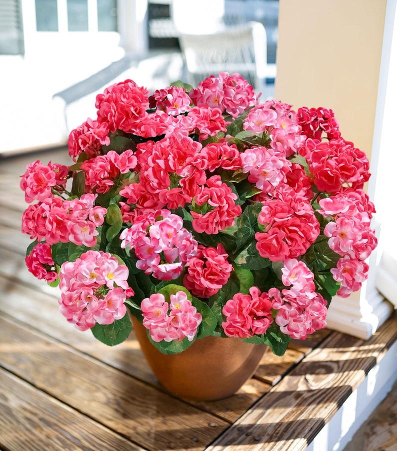 Artificial Geranium Flowers (6 Bundles): UV Resistant Faux Silk Outdoor Decor Pink+Hotpink
