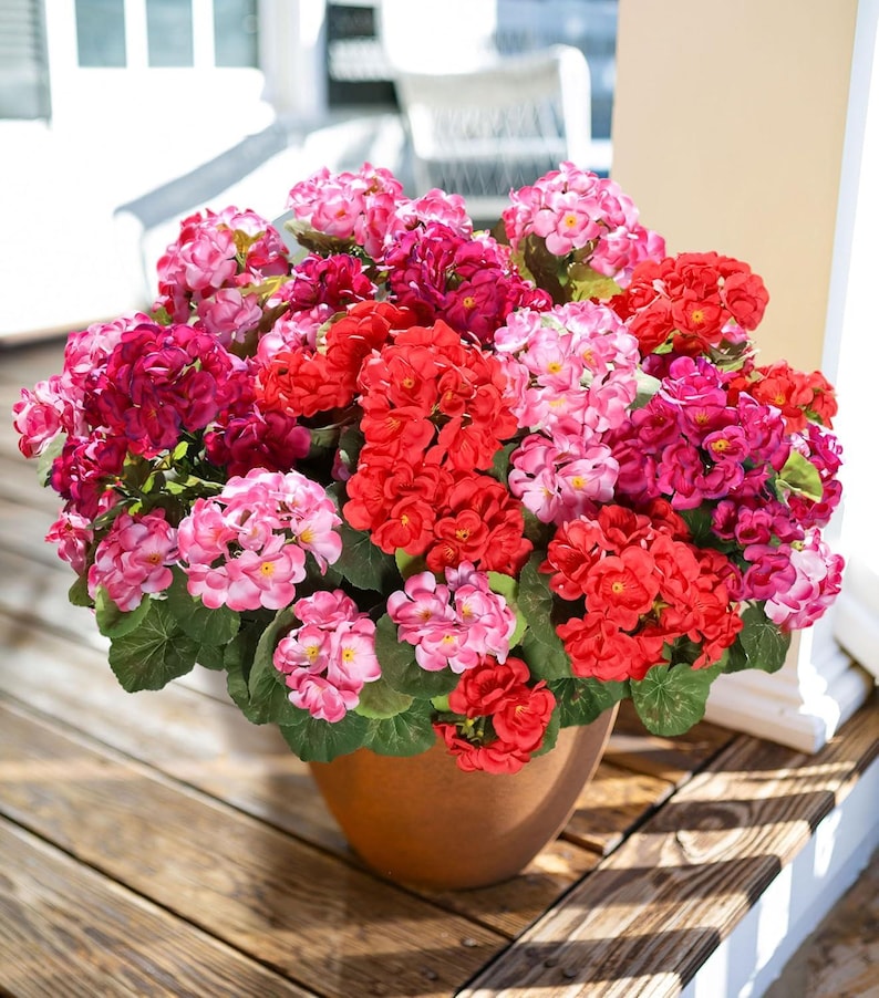 Artificial Geranium Flowers (6 Bundles): UV Resistant Faux Silk Outdoor Decor Red+Fuchsia+Pink