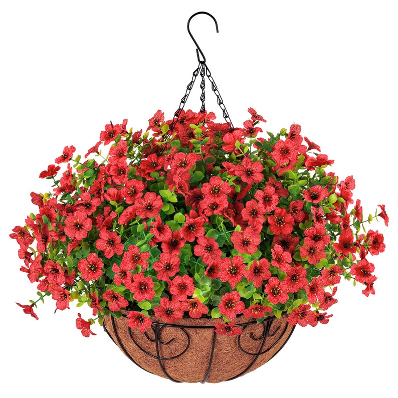 Artificial Fake Hanging Flower Plant Basket for Spring Summer Outdoor Outside Porch Decoration Faux Silk Mixed Daisy Look Real UV Resistant Red