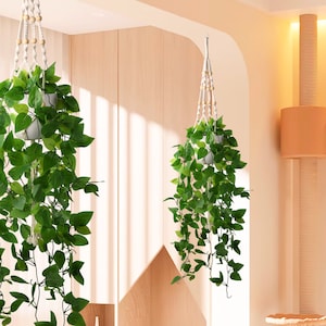 2 Packs Faux Hanging Plant with Pot, Artificial Hanging Greenery Ivy Vine with Macrame Hanger for Bedroom, Home, Office, Farmhouse Decor