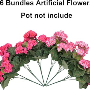 May include: Six bundles of artificial flowers with vibrant pink blossoms and green leaves. The text at the top reads "6 Bundles Artificial Flowers" and "Pot not include". These faux flowers offer a colorful accent for home decor.