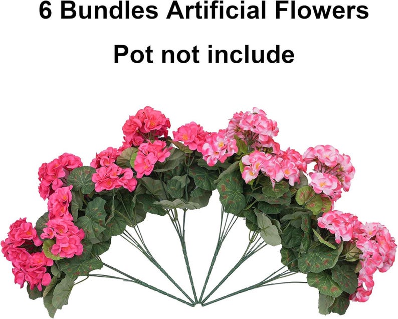 May include: Six bundles of artificial flowers with vibrant pink blossoms and green leaves. The text at the top reads "6 Bundles Artificial Flowers" and "Pot not include". These faux flowers offer a colorful accent for home decor.