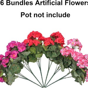 May include: Six bundles of artificial flowers in shades of red, pink, and fuchsia. The flowers have green stems and leaves. The text at the top reads "6 Bundles Artificial Flowers" and "Pot not include".