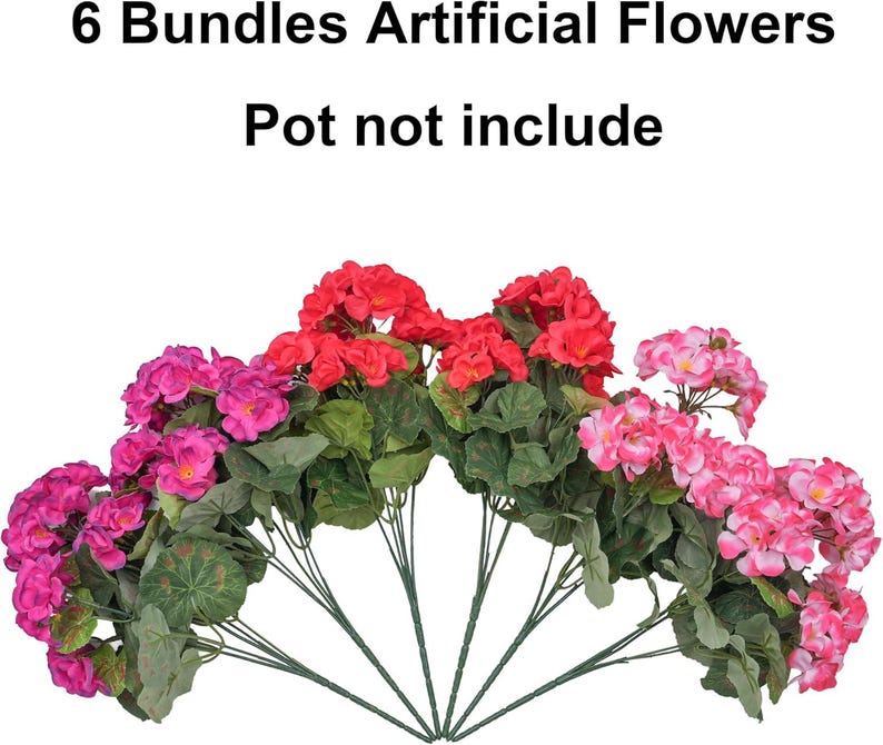 May include: Six bundles of artificial flowers in shades of red, pink, and fuchsia. The flowers have green stems and leaves. The text at the top reads "6 Bundles Artificial Flowers" and "Pot not include".