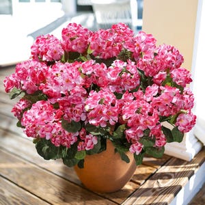Artificial Geranium Flowers (6 Bundles): UV Resistant Faux Silk Outdoor Decor Pink