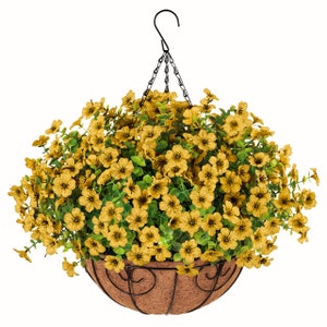 Artificial Fake Hanging Flower Plant Basket for Spring Summer Outdoor Outside Porch Decoration Faux Silk Mixed Daisy Look Real UV Resistant Yellow