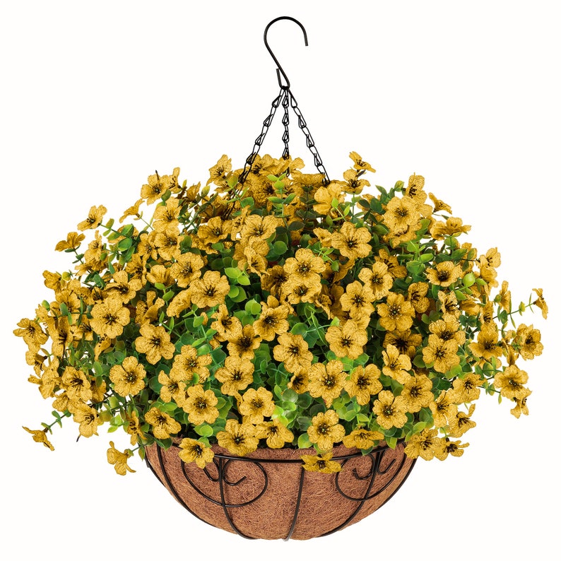Artificial Fake Hanging Flower Plant Basket for Spring Summer Outdoor Outside Porch Decoration Faux Silk Mixed Daisy Look Real UV Resistant Yellow