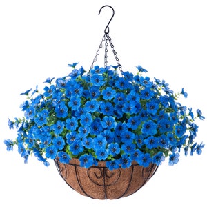 Artificial Fake Hanging Flower Plant Basket for Spring Summer Outdoor Outside Porch Decoration Faux Silk Mixed Daisy Look Real UV Resistant Blue