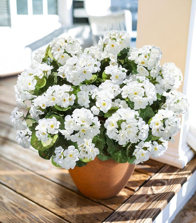 Artificial Geranium Flowers (6 Bundles): UV Resistant Faux Silk Outdoor Decor White