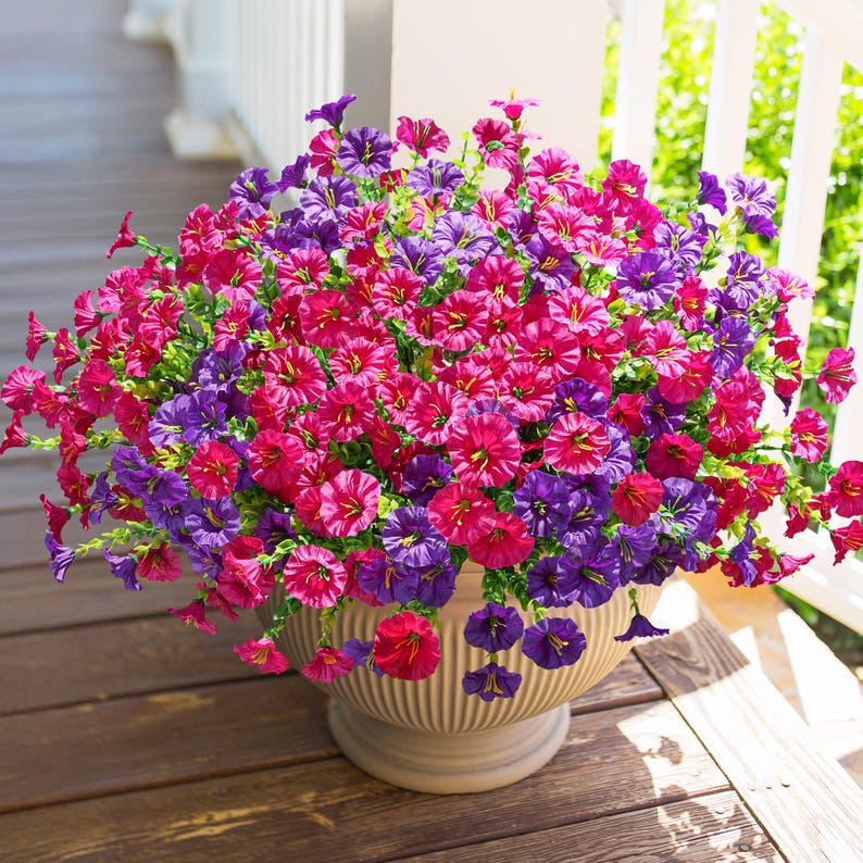 UV Resistant Silk Morning Glory: Fall Outdoor Artificial Flowers - 12 Bundles Purple Fuchsia
