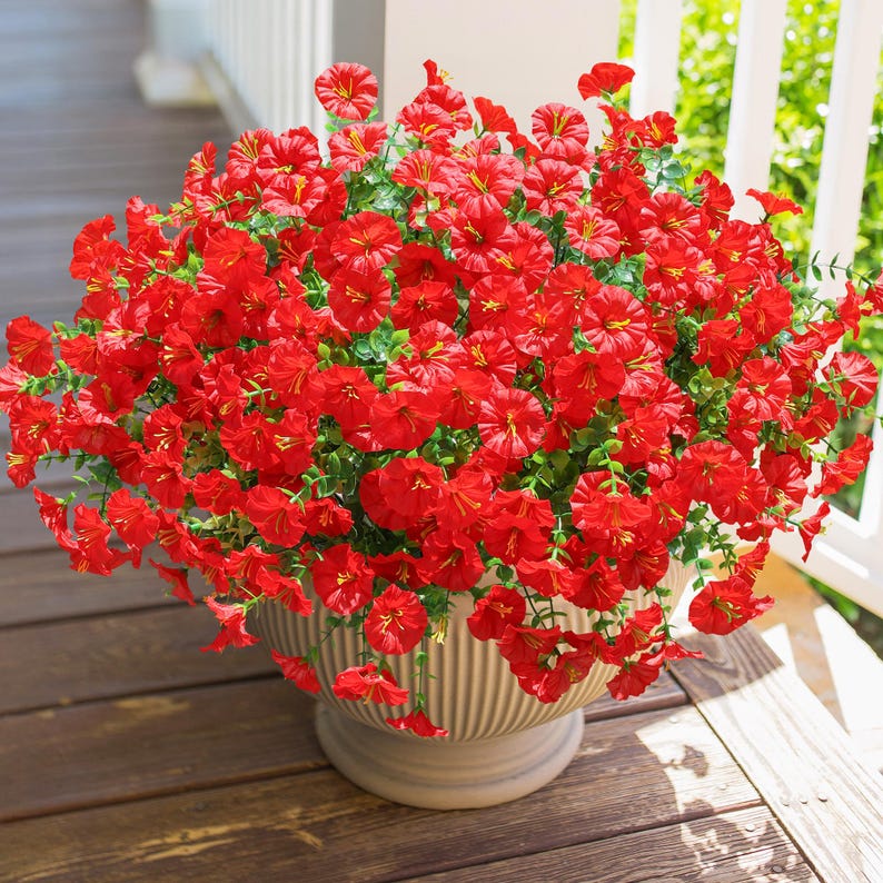 UV Resistant Silk Morning Glory: Fall Outdoor Artificial Flowers - 12 Bundles Red