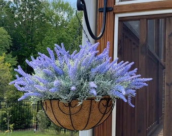 Artificial Fake Hanging Flower Plant Basket Spring Summer Outdoor Outside Porch Decoration Faux Silk Purple Lavender Realistic UV Resistant