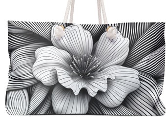 Bolso de fin de semana de diseño blanco negro Ola con flor, bolso de verano, regalo de cumpleaños de mamá, bolso de compras, bolso de yoga de fin de semana de gran tamaño para novia