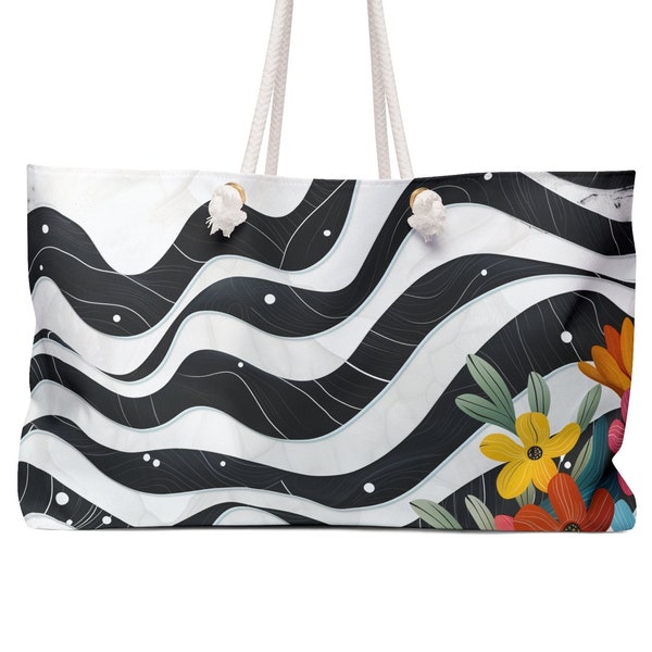 Black White Wave Design Weekender Bag for Woman, Shopping Bag for Mom Birthday Gift, Shopper Tote, Canvas Weekender Beach Bag for Girlfriend
