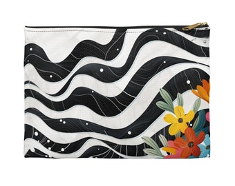 Black White Accessory Pouch with Wave Design, Jewelry Pouch for Woman, Travel Accessories with Zipper, Organizer Pouch for Makeup or Pencil