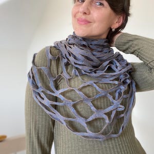 Felted Wool Infinity Scarf with Silk, Openwork Snood Cowl Beige & Blue, Handmade Neck Warmer with Fish Brooch Gift