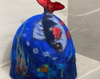 Felted Sauna Hat with Fish : Felt Wool Sauna Gift For Him/Her