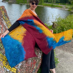 Felted Wool Scarf Wrap – Handmade Cobweb Shawl from Wool & Fibers, Wet Felting Lightweight Wrap