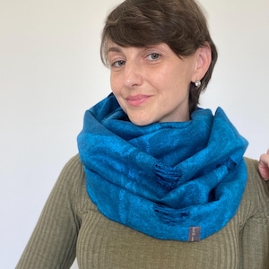 Felted Infinity Scarf Snood – Blue Turquoise Merino Wool & Silk Cowl, Reversible Cutout Neck Warmer, Wet Felted Handmade Scarf