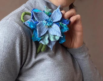 Gefilzte Blumen Brosche, Handgemachte Blaue Merino Wolle Blumen Anstecknadel