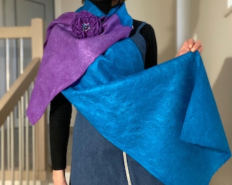 Feltet Scarf with Flower Brooch – Set Felt wool Shawl and Pin