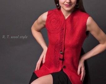 Felted Vest / Size S – Merino Wool & Silk  Lightweight Felt Red Boho Waistcoat
