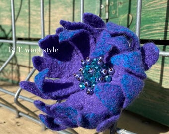 Felt Flower Brooch: Wool Lotus, Blue Purple Floral Decor