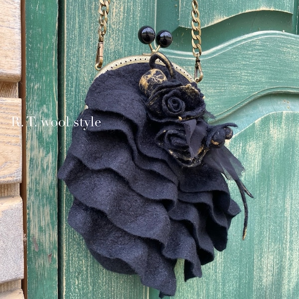 Felt bag, Designer wool bag, Black ruffle bag, Elegant stylish bag, Fermoir bag, Felt shoulder bag, Felt women's bag,Set bag and brooch.