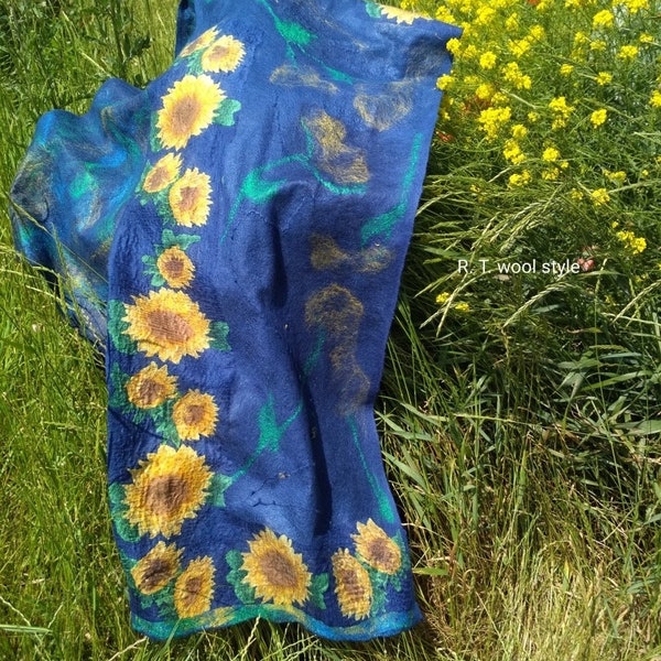 Felt scarf for women,Blue and yellow felt flower scarf, silk woolen scarf, nuno felt scarf, gift for her, bright stole, scarf with flowers.