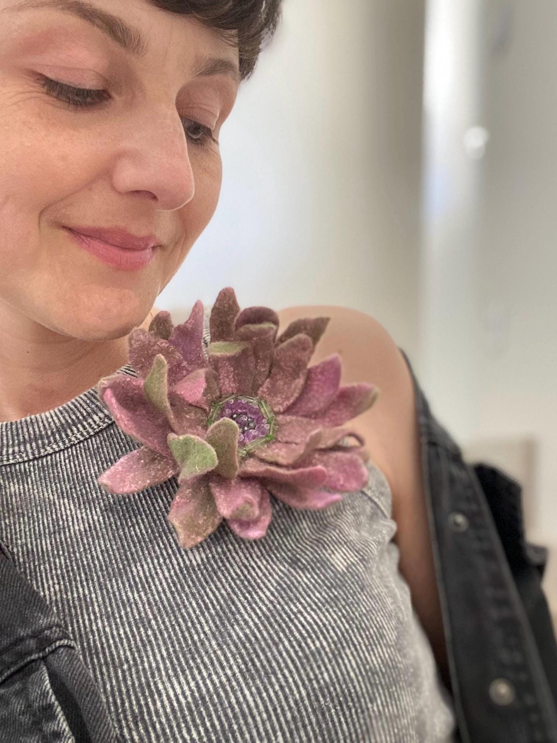 Felt Lotus Flower Brooch: Pink Wool Floral Pin, Handmade Decor