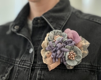 Felt Flower Brooch: Gray Merino Wool Pin with Lace & Beads