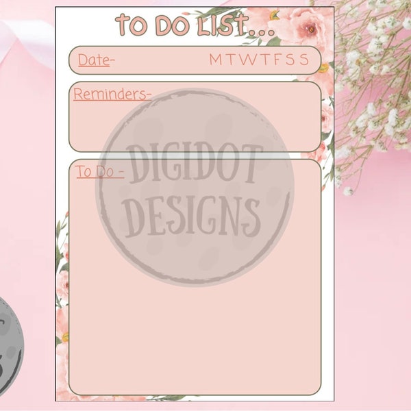 To do list- Digital Download A4 .Floral,pink,printable,simple,digital planner,desk organizer,note pad,To do,simple, template.
