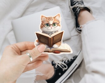 Adesivo per libri di lettura di gatti arancioni, regalo per gli amanti dei libri, regalo per gli amanti dei gatti, regalo per gatti carini