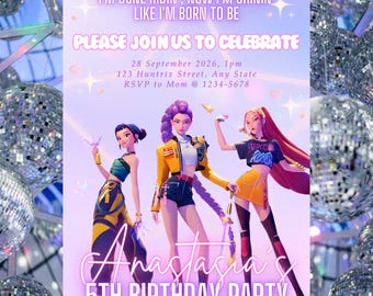 Invitación de cumpleaños editable de cazadora de demonios K-pop / Chicas K-pop / Invitación de guerrera K-pop, plantilla editable de Canva / plantilla imprimible de Canva