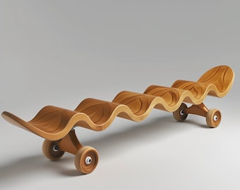 May include: A wooden skateboard bench with a wavy design and four wheels. The bench is made of light brown wood and has a natural finish.