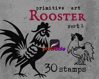 Procreate Rooster Stamps: Primitive Art Silhouettes (30 Brushes)