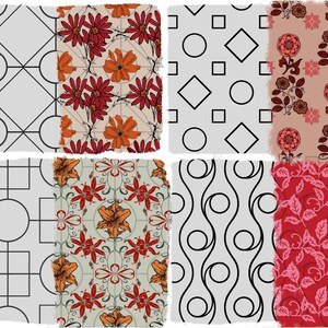 May include: Eight different patterned designs are shown. The patterns include geometric shapes, floral arrangements, and stylized leaf motifs. Colours include black, white, red, orange, and shades of pink and beige. The designs are arranged in a grid.